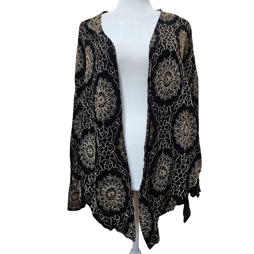 Alter'd State Black With Tan Floral Embroidery Long Sleeve‎ Cardigan Size Small